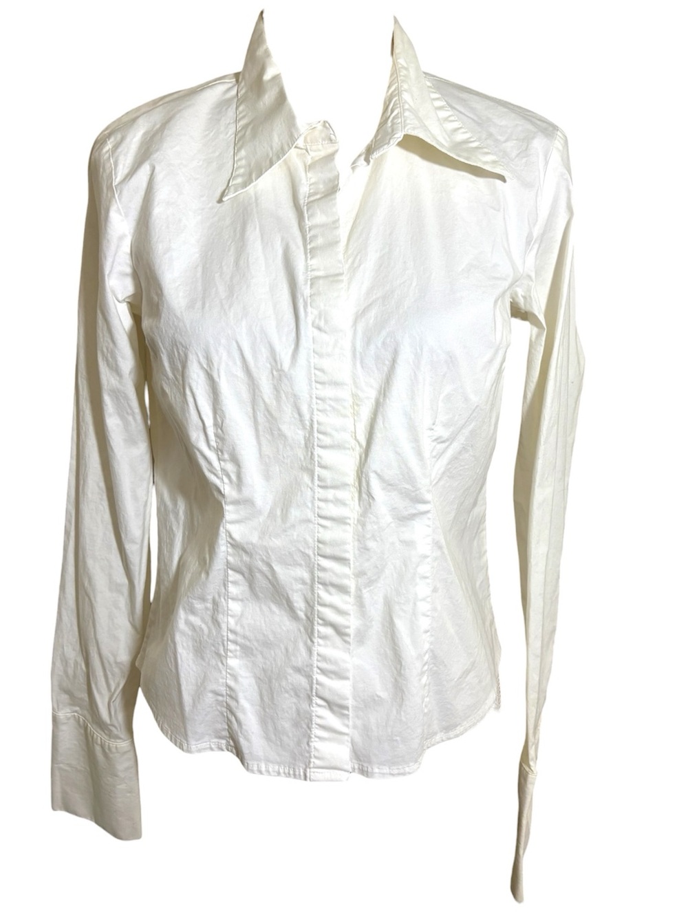 Women’s At Last White Cotton Longsleeve Collared Fitted Button Shirt Sz Large